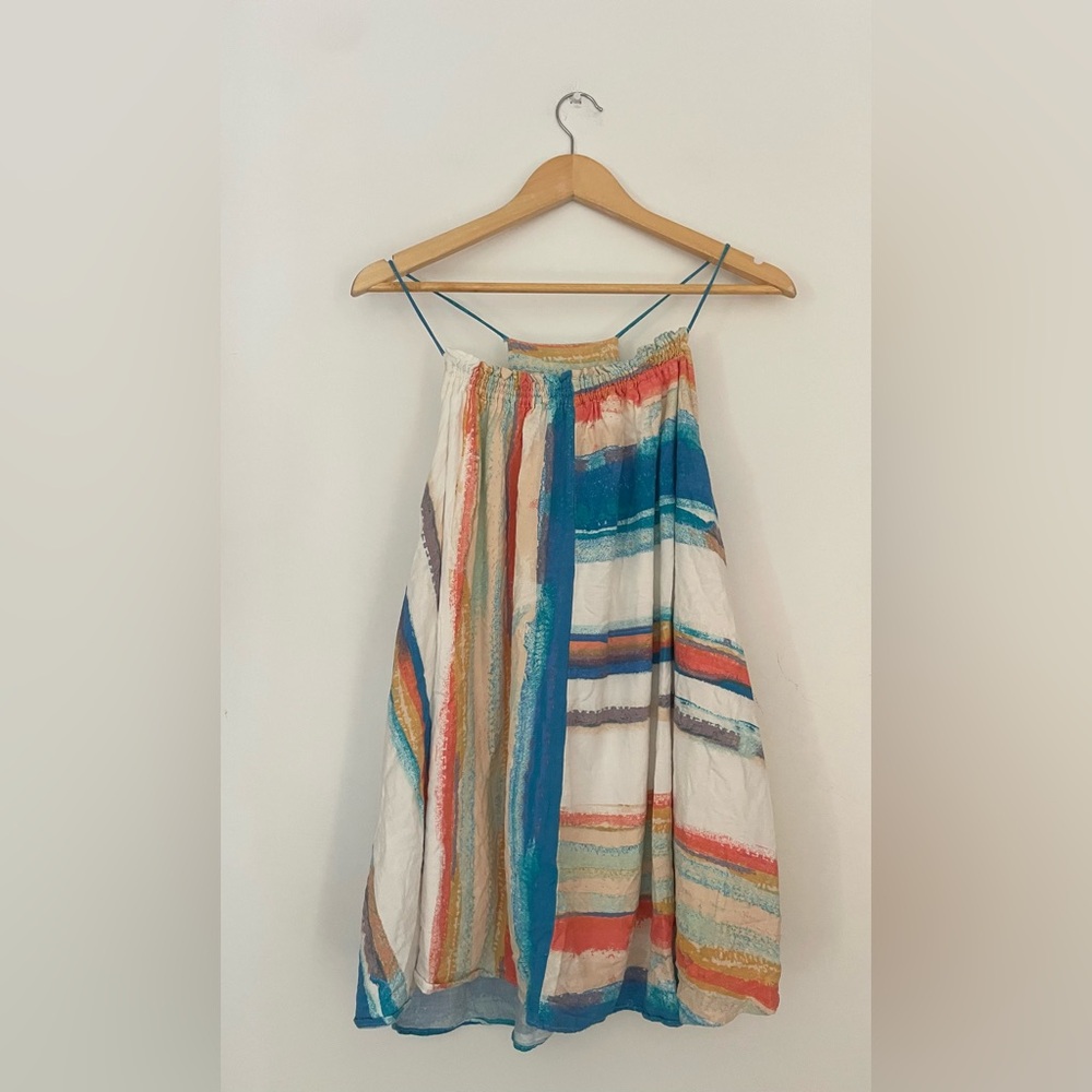 FREE PEOPLE Dress Painted Stripe Colorblock Lined White Blue Colorful - Picture 8 of 9